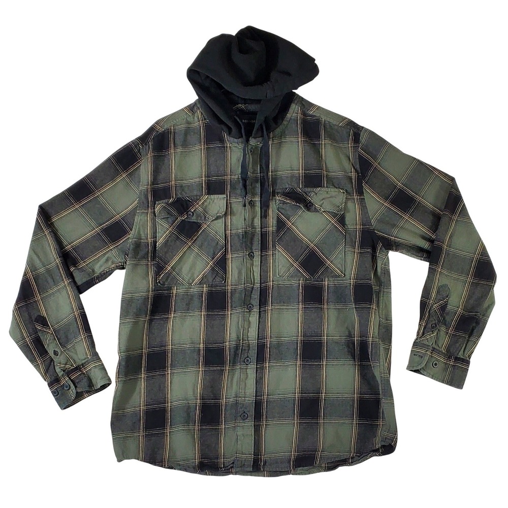 No Boundaries Mens Hooded Flannel Shirt Large Green Black Plaid Long‎ Sleeve L - Picture 2 of 6